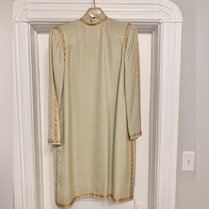 Women Formal Linen Khaki Dress Long Sleeve ￼ Lace Trim silk lining Vintage